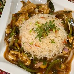 Mongolian Chicken with vegetable rice A picture of Mongolian Chicken with vegetable rice.
