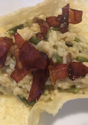 A picture of Asparagus and Speck Risotto in a Parmesan Crust.