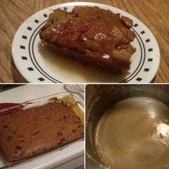 A picture of Cranberry Cake with hot 'butter cream' sauce - Gluten/Dairy Free.