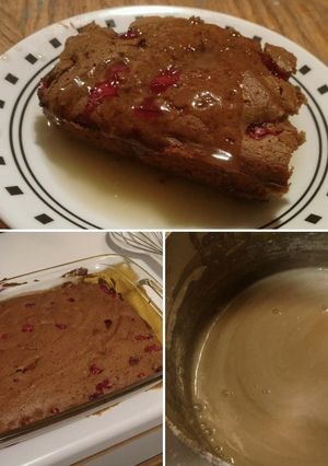 A picture of Cranberry Cake with hot 'butter cream' sauce - Gluten/Dairy Free.