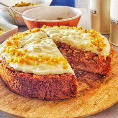 Carrot cake with cream cheese frosting A picture of Carrot cake with cream cheese frosting.
