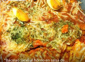 Una foto de Bacalao skrei al horno en salsa de tomate gratinado