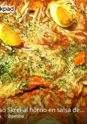 A picture of Oven-Baked Skrei Cod with Tomato Sauce and Cheese.