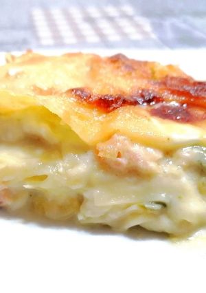 A picture of Salmon, Zucchini, and Leek Lasagna.
