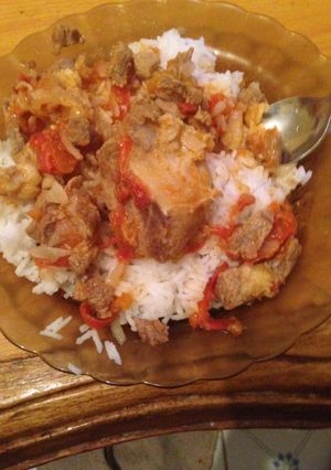 A picture of Boiled beef with rice.