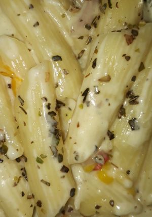 A picture of White sauce pasta.