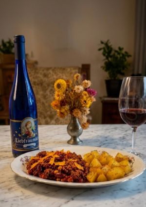 Zdjęcie przepisu Chili con carne z ziemniakami opiekanymi i tacosami.