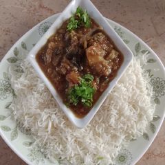 A picture of Brinjal (egg plant) Bharta with Rice.
