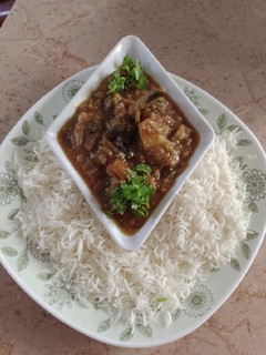 A picture of Brinjal (egg plant) Bharta with Rice.
