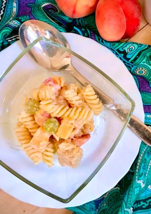 A picture of Fruit Tempeh Yogurt Pasta Salad.