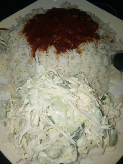 A picture of White rice and stew with simple salad.