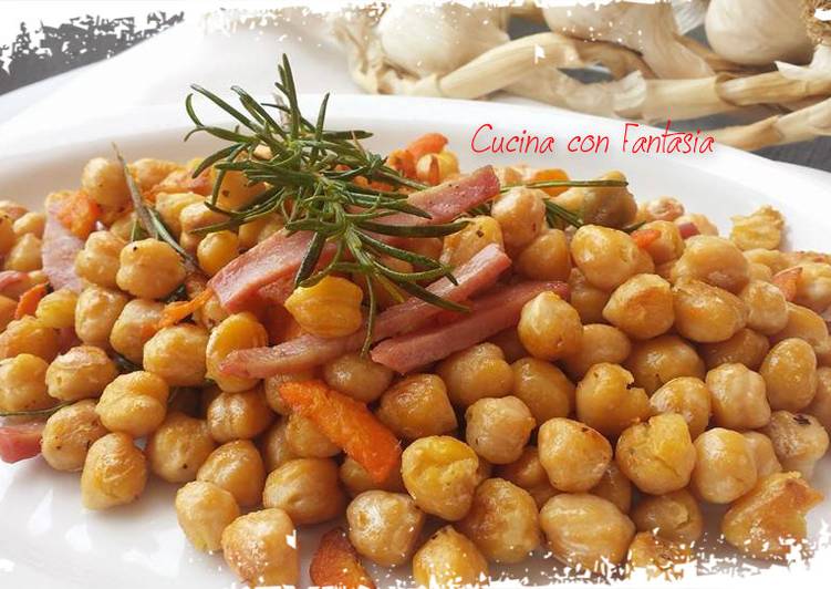 Ceci al rosmarino con prosciutto cotto croccante