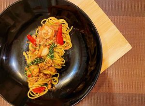 รูปของ สปาเก็ตตี้ขี้เมาหมูเบค่อนกุ้ง Spaghetti Kee Mao Pork Bacon Shrimp