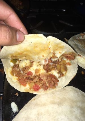 A picture of Sincronizada with Chorizo and Potato Filling.