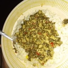 A picture of White rice and tofu and spinach sauce.
