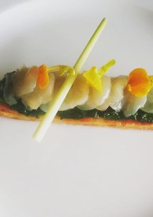 Une photo de Carpaccio de Saint_Jacques sur lit d'épinards
