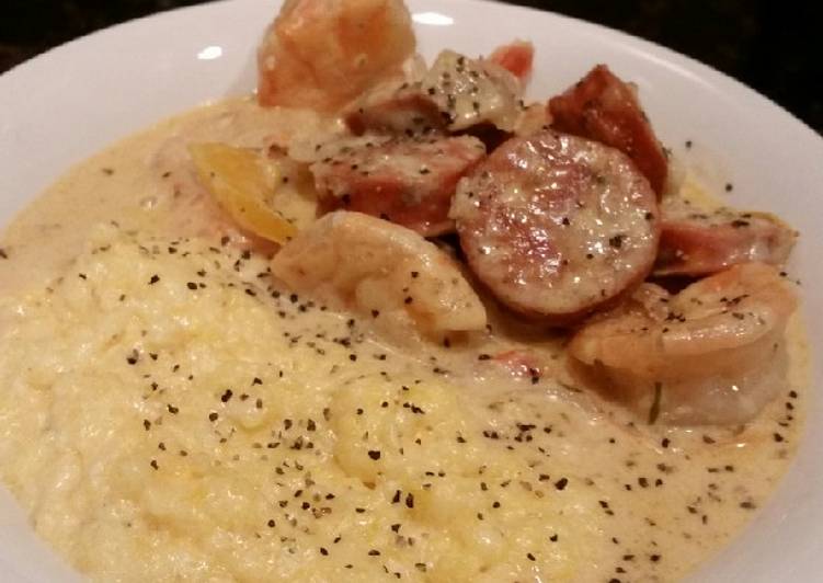Simple Way to Make Super Quick Homemade Brads Cajun prawns with sausage and grits