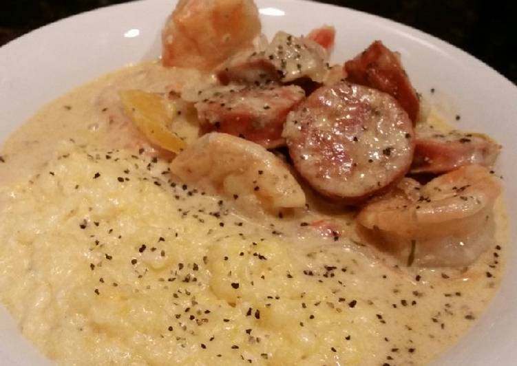 Brads Cajun prawns with sausage and grits