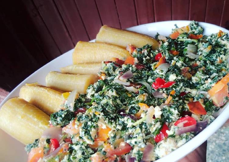 Boiled plantain and vegetable egg sauce