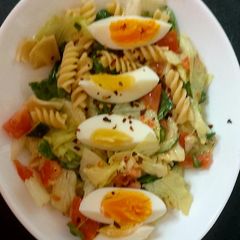 A picture of My Anchovies Pasta Salad with egg & dressing #KitchenBingo.