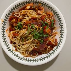 Rough & Ready Spaghetti with mixed seafood, tomato and chilli A picture of Rough & Ready Spaghetti with mixed seafood, tomato and chilli.
