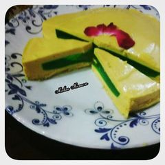 A picture of Surprise mango mousse desert cake.