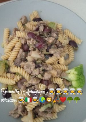 A picture of Fusilli with Broccoli, Sausage, and Black Olives.