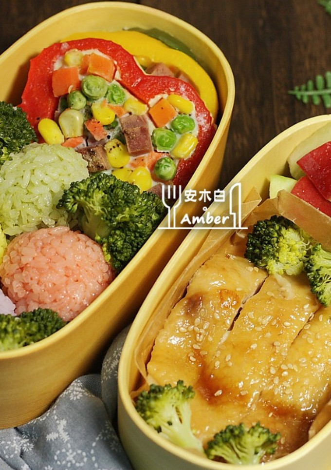 彩米飯、彩椒圈、照燒雞腿、蒜香青花菜便當菜(影片) 的食譜成品照片