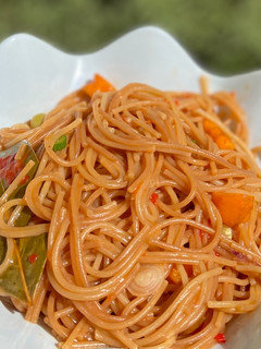 A picture of Brown spaghetti.