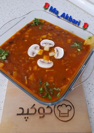 عکسی از دستور خوراک لوبیا چیتی خوشمزه مجلسی با سیب زمینی و قارچ