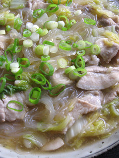 A picture of Simmered Pork & Wombok with Harusame Noodles.