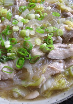 A picture of Simmered Pork & Wombok with Harusame Noodles.