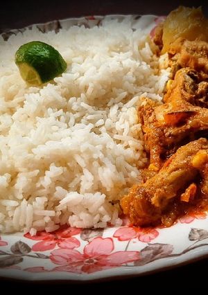 A picture of Steamed rice and chicken curry.