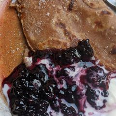 A picture of Autumn chestnut pancakes with blackberry + yoghurt #1.