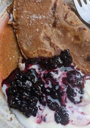 A picture of Autumn chestnut pancakes with blackberry + yoghurt #1.