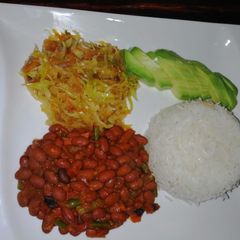 A picture of #Week4recipechallenge. Beans curry,fried cabbages n rice.