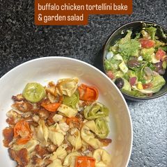 A picture of Buffalo Chicken Tortellini Bake & Garden Salad.