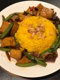 Nasi Kuning (Indonesian Turmeric Rice) with Sweet Soy Tofu and Green Beans