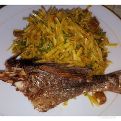 A picture of Abacha and grilled croaker.