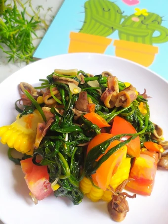 Cara Gampang Membuat Resep  Ca Kangkung Cumi Asin plus Jagung Manis🌽🌶️🦑🥬 yang Bisa Manjain Lidah, Enak Banget