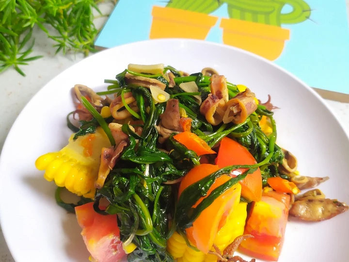 Cara Gampang Membuat Resep  Ca Kangkung Cumi Asin plus Jagung Manis🌽🌶️🦑🥬 yang Bisa Manjain Lidah, Enak Banget