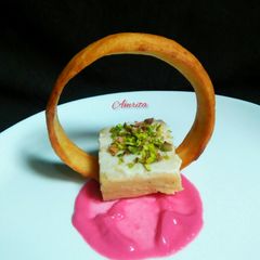 A picture of Potato mousseline with potato chips and beetroot potato dip.
