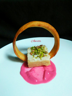 A picture of Potato mousseline with potato chips and beetroot potato dip.