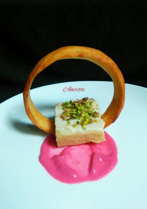 A picture of Potato mousseline with potato chips and beetroot potato dip.