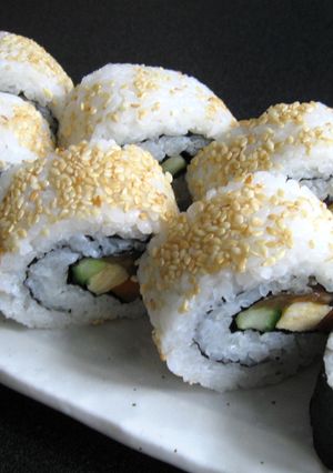 A picture of Ura Maki-zushi (Inside-out Sushi Rolls).