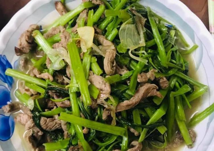 Tutorial memasak Kangkung cah sapi mantap