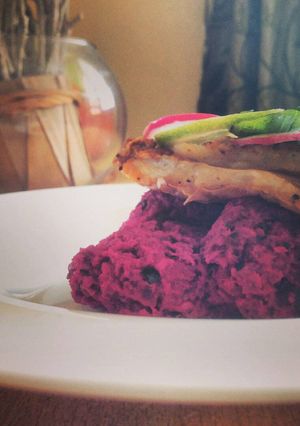 A picture of Fish with Coconut Beetroot Chutney.