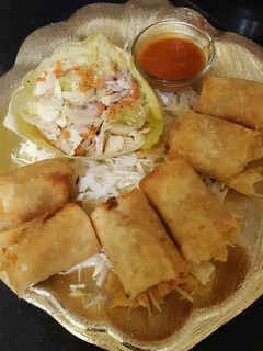 A picture of Spring rolls with kimchi salad and schezwan sauce dip.