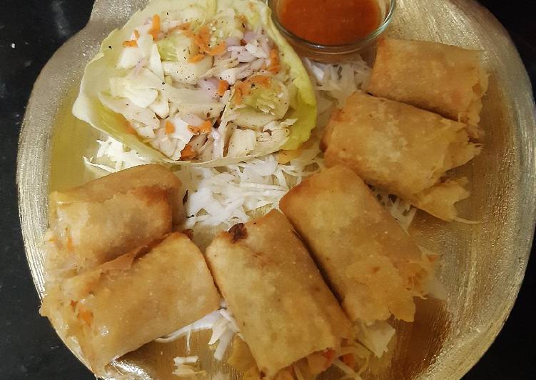 Easy Spring rolls with kimchi salad and schezwan sauce dip