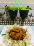 Sweet and sour chicken with egg fried rice(chinese dish) and mint mojito(drink)